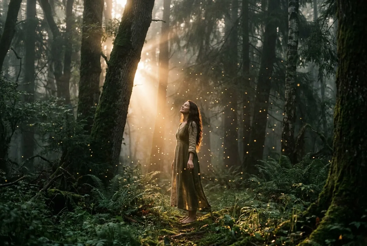 女子獨立於晨霧古林中，閉眼仰面，金色晨光穿透高樹灑落，發光粒子漂浮其周圍