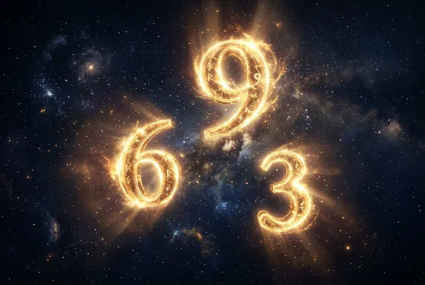 三個發光的數字 3、6、9 懸浮在深宇宙空間中，金色光芒向外輻射，背景是深靛藍星空