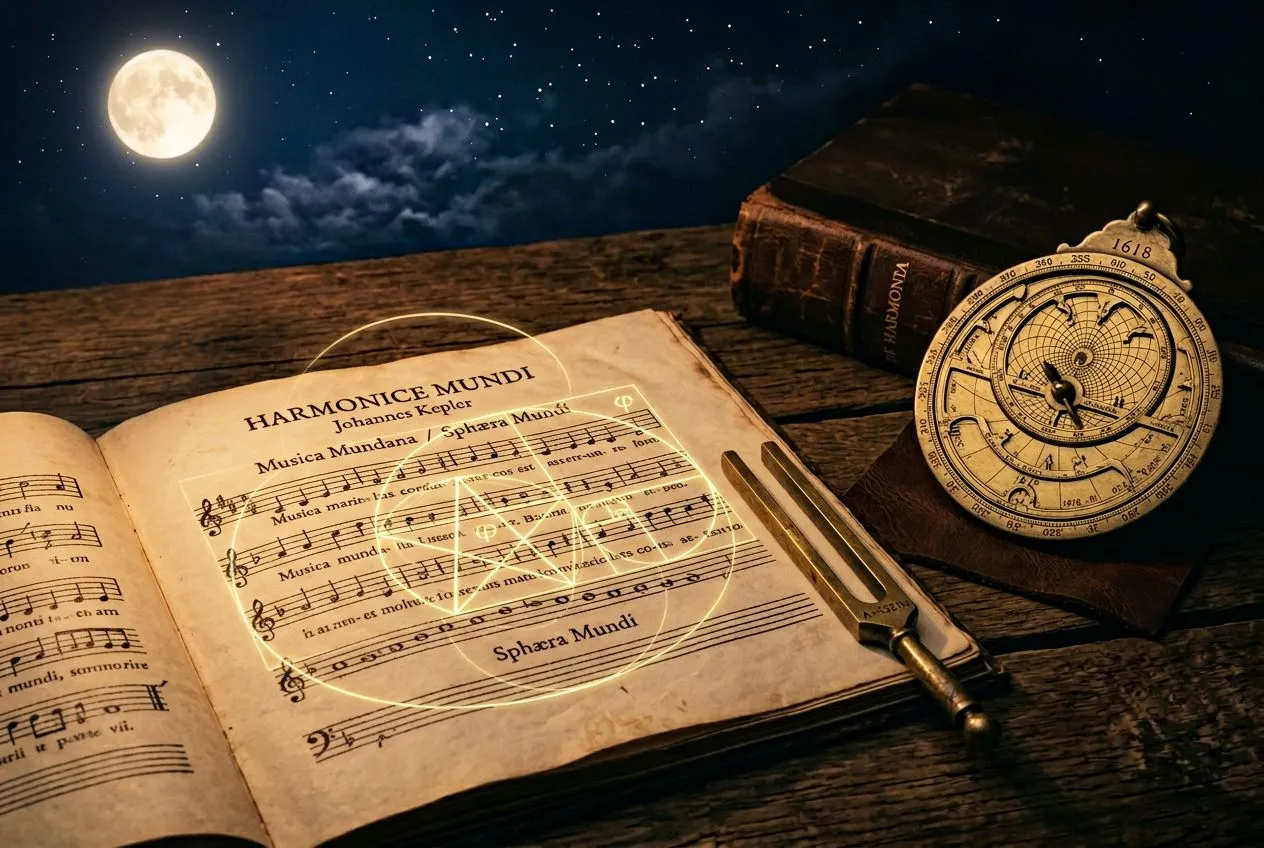 夜空下的圓形月亮在畫面左上方，下方是一張古老歐洲樂譜攤在木桌上，譜面浮現淡淡的黃金幾何線條（圓與三角），桌面右側放著一支銅製音叉與舊式天文儀器，光源來自燭火，整體呈深褐色調，象徵宇宙數字與音樂頻率之間被附會的連結