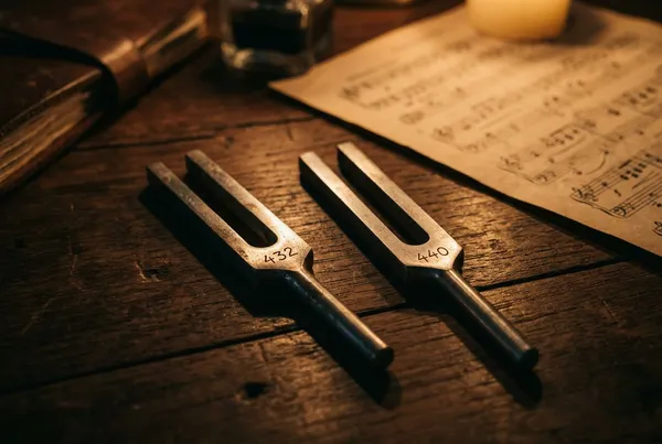 深色木質書桌上並排放置兩支金屬調音叉，左側音叉刻有 432，右側音叉刻有 440，溫暖燭光從右後方斜射，音叉在桌面投下細長陰影，背景是模糊的舊樂譜紙頁，象徵兩個頻率標準的並陳與比較