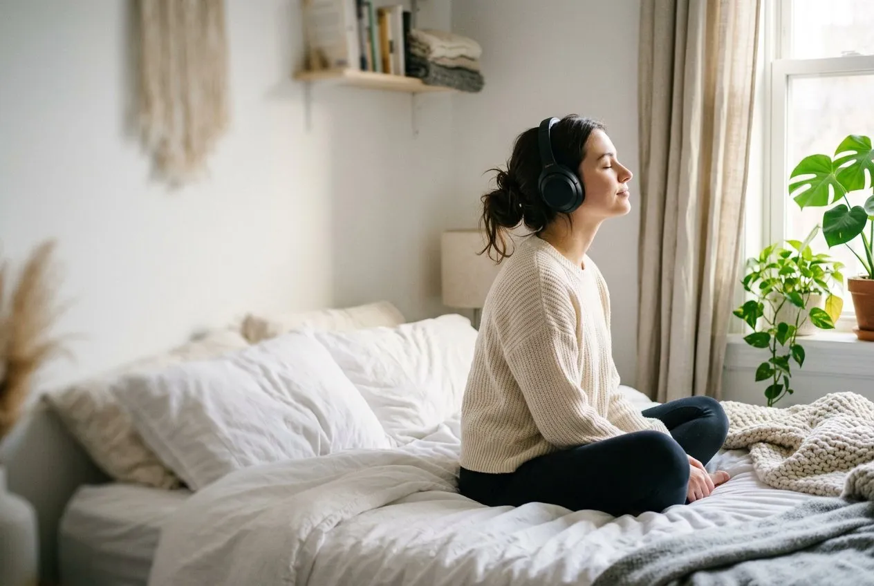 人物盤腿坐於床上戴著無線耳機,眼睛閉合臉微仰,柔和晨光從右側窗戶照亮側臉輪廓,人物佔畫面右半側,左側是模糊白牆