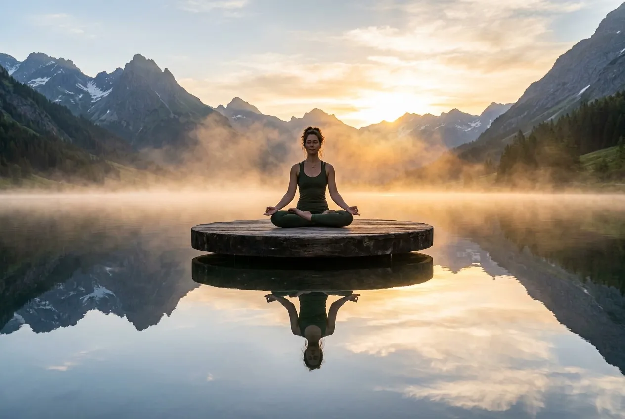 修行者以蓮花座靜坐於山湖木台上，金色晨光中身影與水中倒影完美對映，霧氣裊裊