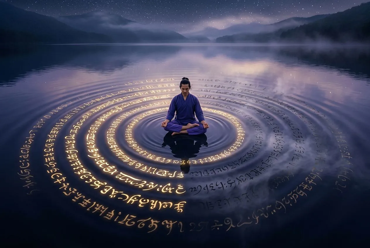 俯視鳥瞰一個人盤腿坐在平靜如鏡的水面上，身體周圍同心圓擴散漂浮著半透明的發光字句，一半字句溫暖明亮、另一半正在淡去消散，深靛色水面帶金紫色光暈，柔霧與神聖氛圍，呈現肯定句兩種命運的對照