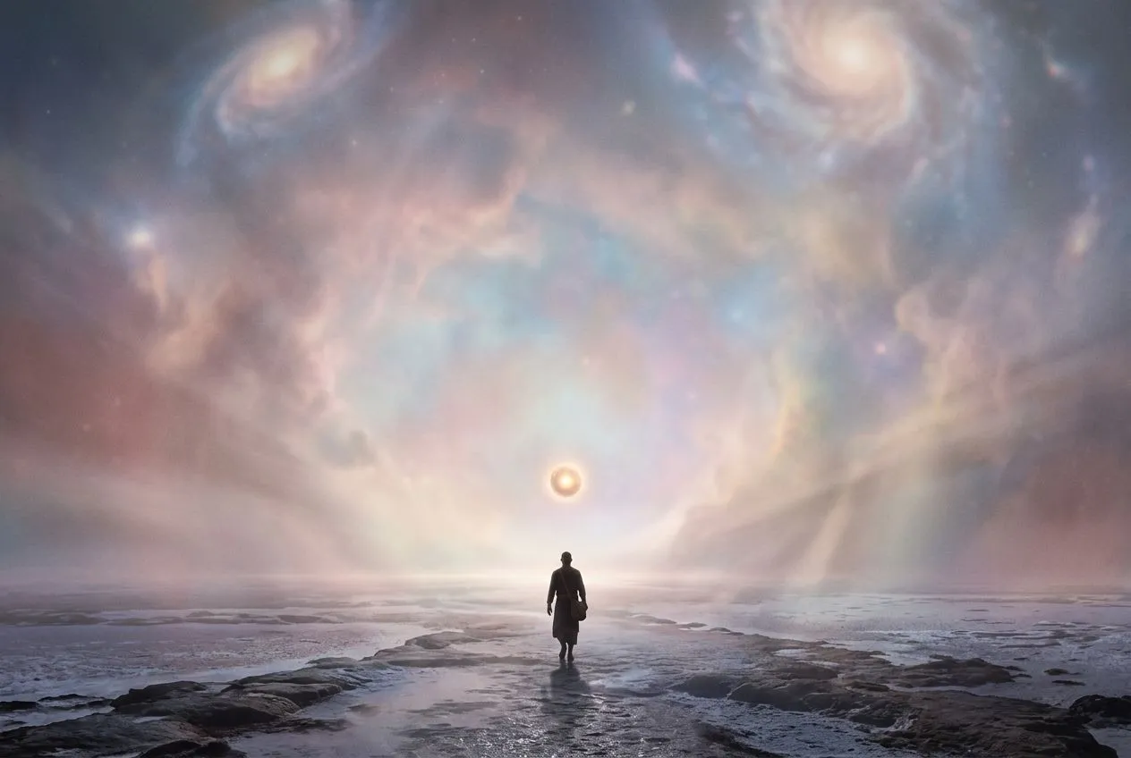 極簡留白，遠景一個微小的人影走入廣闊的光之虛空，地平線上方漂浮著一顆柔和的光的種子，淡彩宇宙霧氣佔滿畫面大部分空間，遠處天空有星雲微影，象徵慢慢長出新的自己
