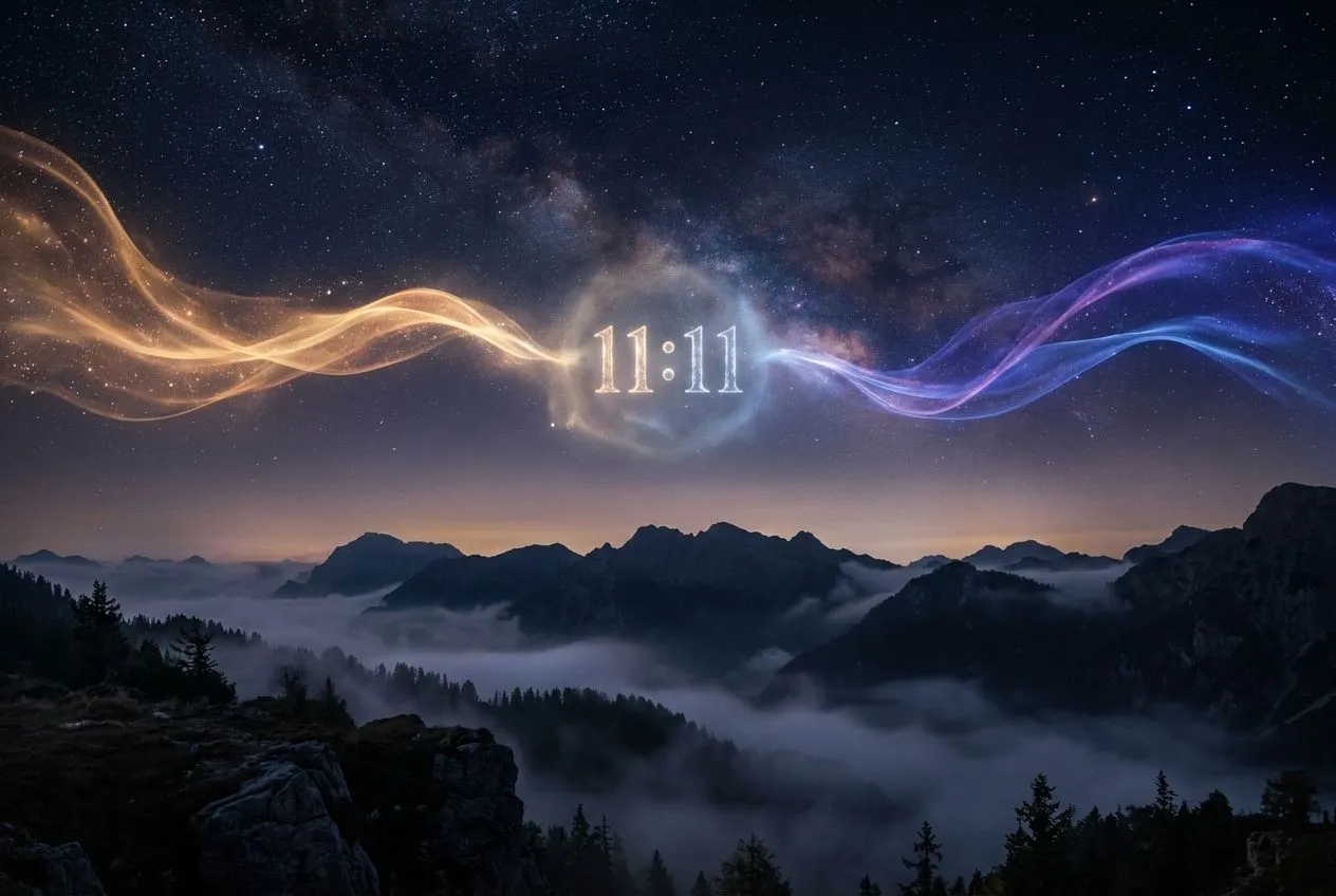 側面斜角構圖，兩束光在夜空中靠近卻尚未交會，中間隱約浮現 11:11 的光影，色調溫暖偏金