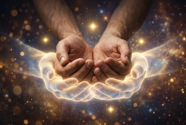特寫一雙手被一雙半透明的柔光大手從下方輕輕托住，四點金色星光在周圍環繞，暖色夜光景深，散發安穩受保護的靈性光氛
