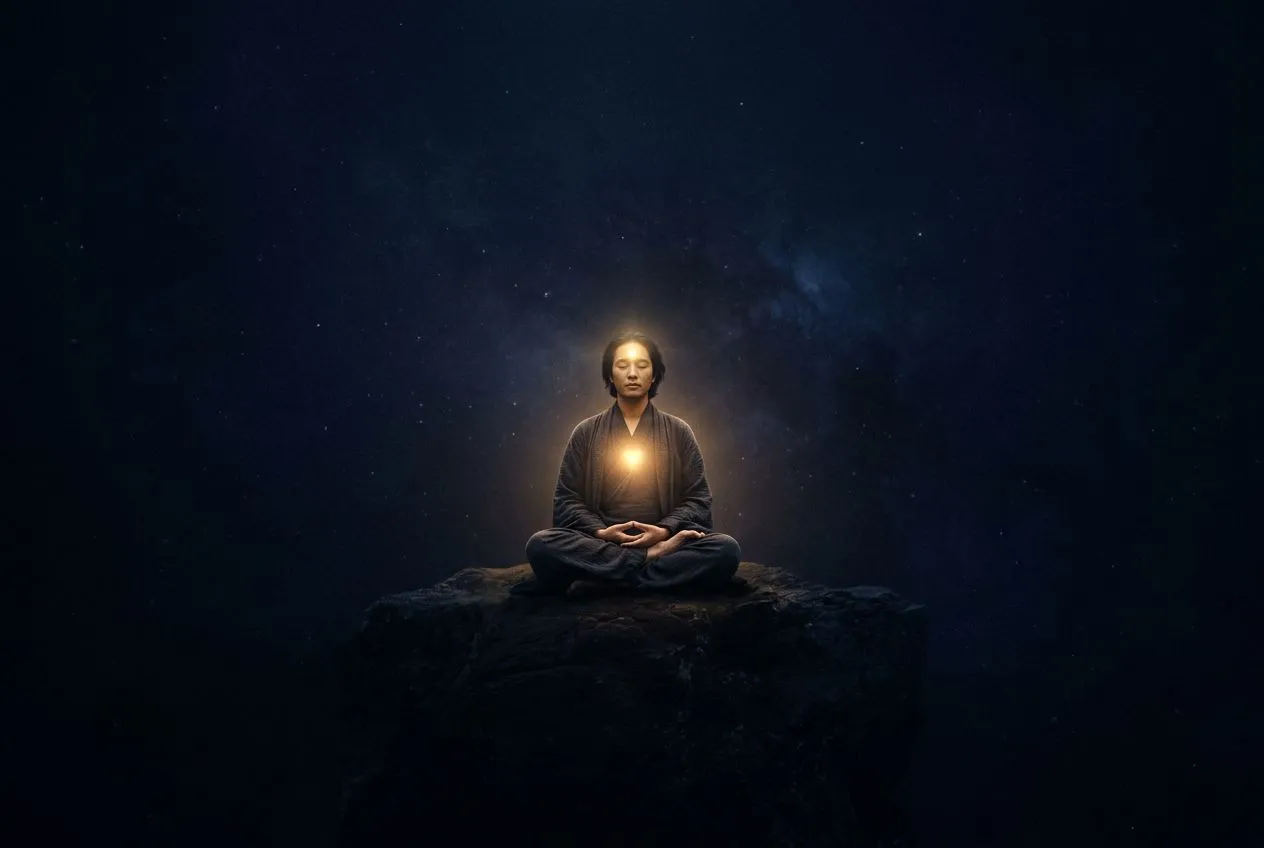 極簡留白構圖,一個人獨自盤腿靜坐在大片靛藍夜色中,胸口與眉心各亮著一點柔和的暖金光,四周留白,象徵往內收的直覺與內在智慧