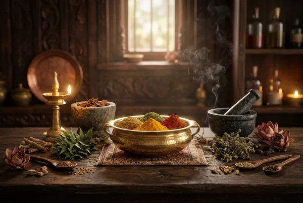 正面置中對稱構圖，畫面中央一個盛著金黃薑黃、紅色與綠色香料粉的黃銅碗，周圍環繞乾燥草藥、石製研杵與一盞發光的小油燈，溫暖晨光，深色木質背景，淺景深，散發阿育吠陀療癒桌的氛圍