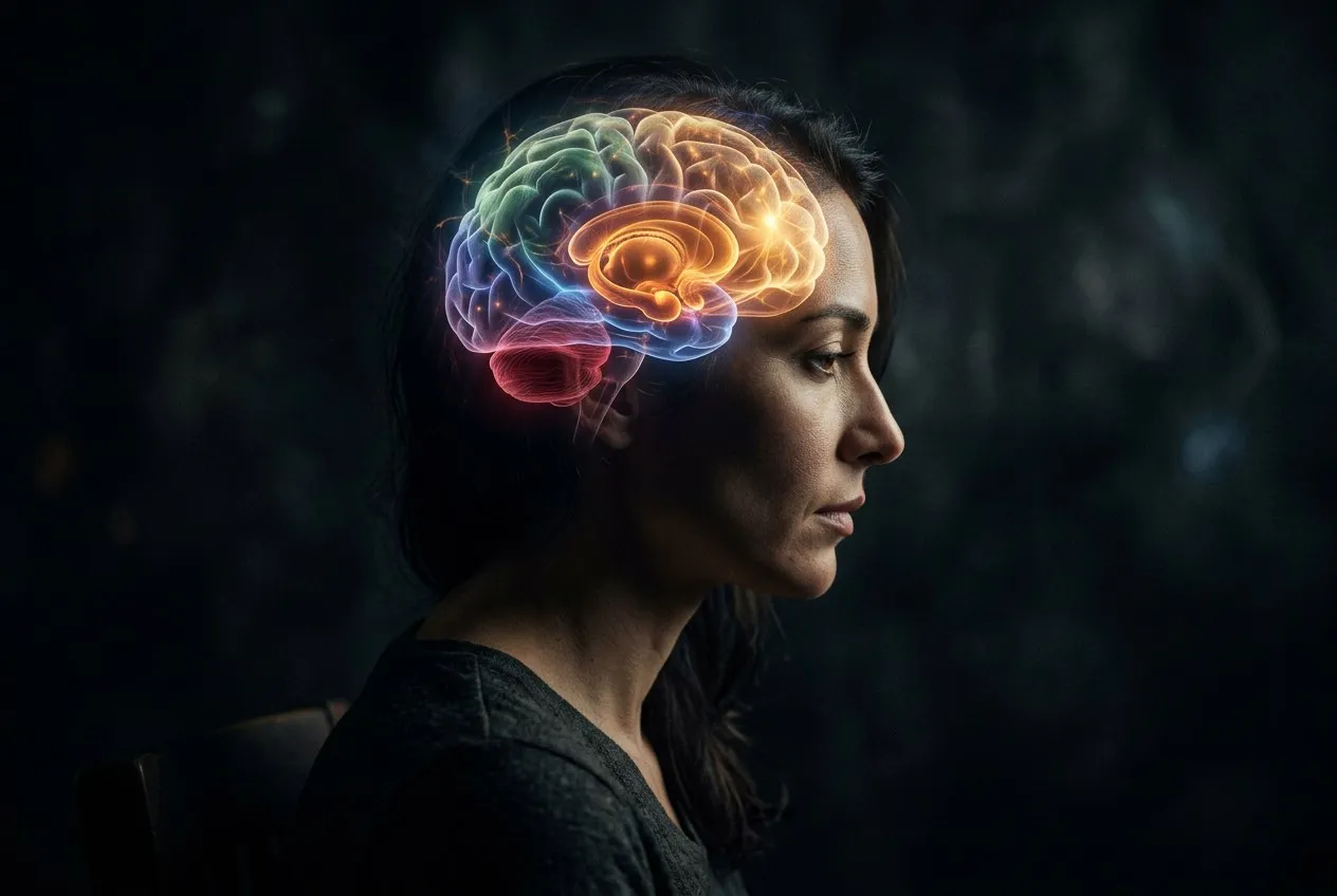 從側面看一個人陷入沉思，大腦區域以不同顏色發光，額葉和邊緣系統同時活躍，象徵意識與潛意識的對話