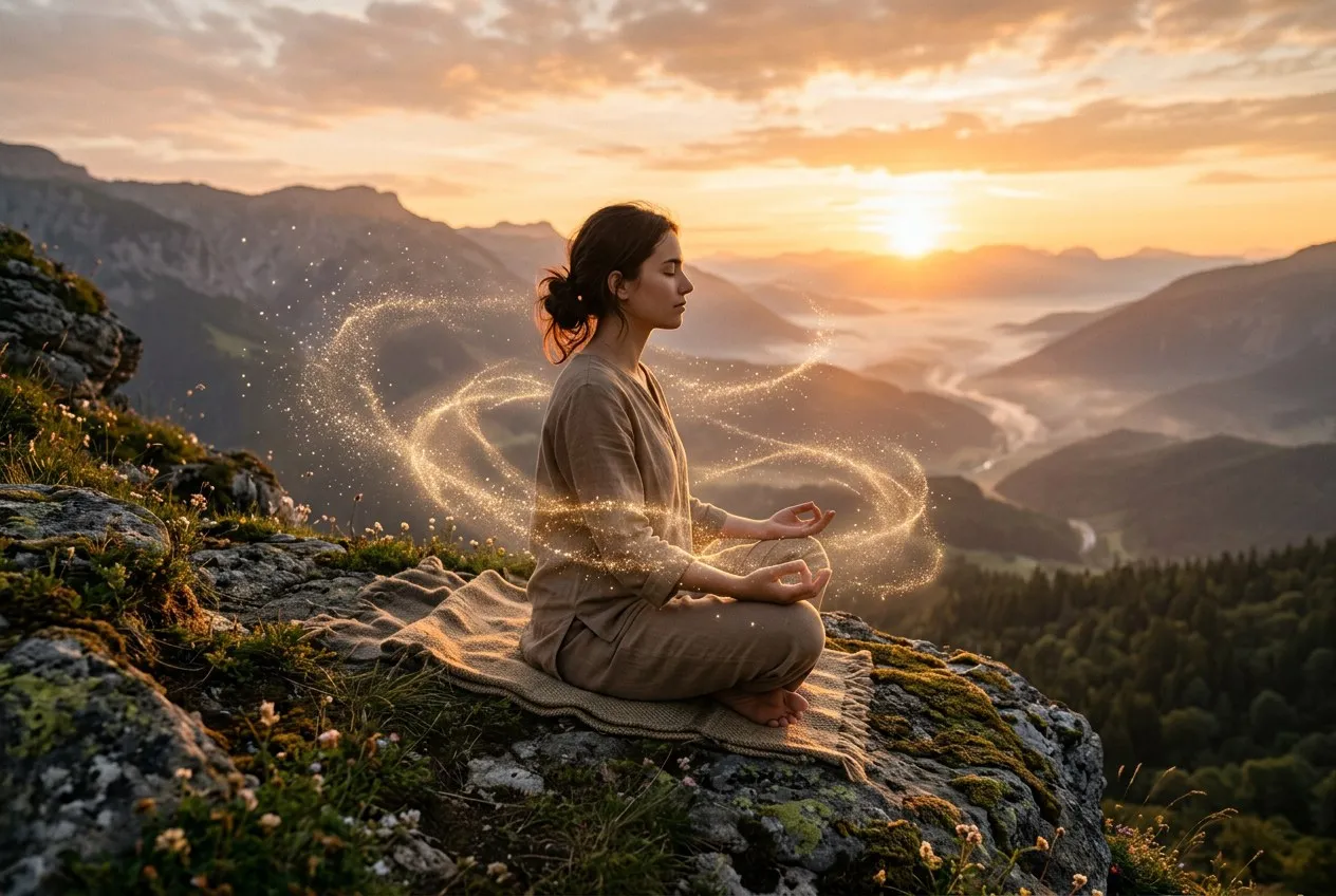 呼吸練習場景:清晨光線中盤腿而坐的人,周圍有細微的金色光粒子隨呼吸韻律流動,構圖從左側斜角拍攝