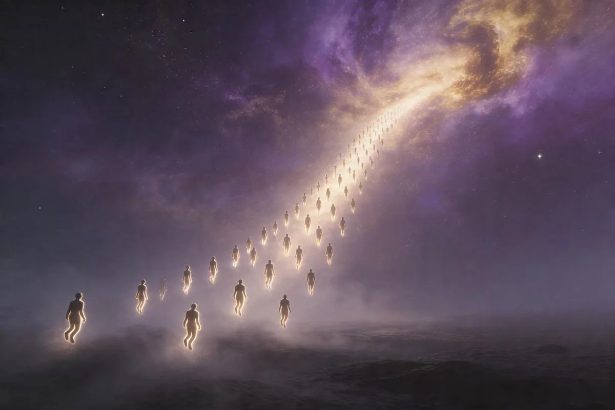 微仰角俯瞰漆黑大地，數千個金色光點像神經元散布在山谷之間，光點之間有金色光絲串連成巨型網絡，右側有新的光節點正在甦醒並向外擴散光浪，整體像是意識場域的鳥瞰圖