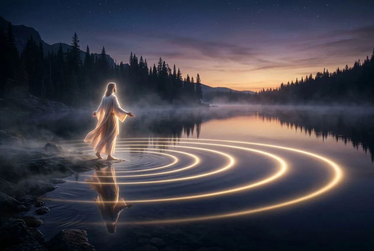 黃昏靜湖邊，偏左一個發光人影雙臂輕展，腳下向外擴散一圈圈金色漣漪光環，遠岸樹林剪影，天空從頭頂深靛藍漸層過渡到地平線的琥珀色，水面映著倒影，象徵個人覺醒向外擴散的漣漪效應