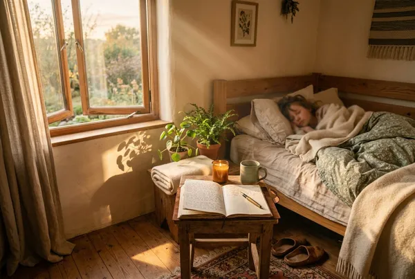 清晨臥室暖色光影，一扇半開的窗透進金色晨光，光束落在床邊木地板上一本攤開的皮革日記、一支筆和一杯冒著薄霧的陶杯，牆邊植物葉影輕搖，遠處還能看到疊好的毯子與一盞未熄的小燭，整個畫面安靜、柔和、帶著剛醒來的呼吸感