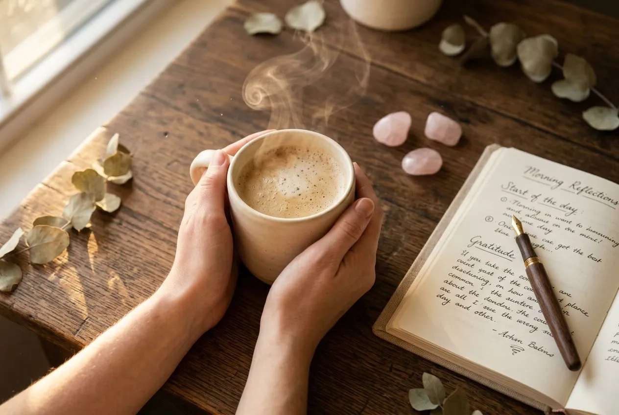 俯視角度的木桌面特寫，清晨金色光線從左側斜入，一雙女性的手雙掌輕捧一只奶白色陶杯，杯口冒出薄透蒸汽旋轉上升，杯旁攤開一本米色紙質日記、一支深色墨筆和三顆小礦石，桌角散落幾片乾燥尤加利葉與斑駁光影，空氣中有淺淺的金色塵埃顆粒