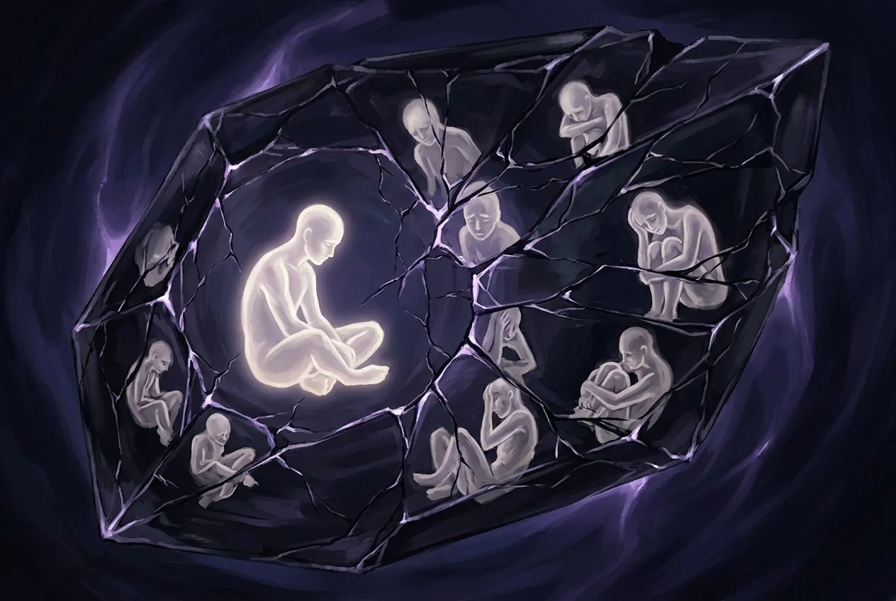 夜晚窗邊，一個人背影靠著窗玻璃坐著，窗外是雨中城市夜景燈光模糊，室內昏暗，人物位於畫面左側三分之一，右側大片窗景留白