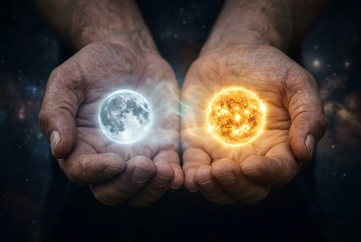 一雙手，一手捧著月光（象徵女性），一手捧著陽光（象徵男性），光在掌間交融，象徵內在平衡與整合