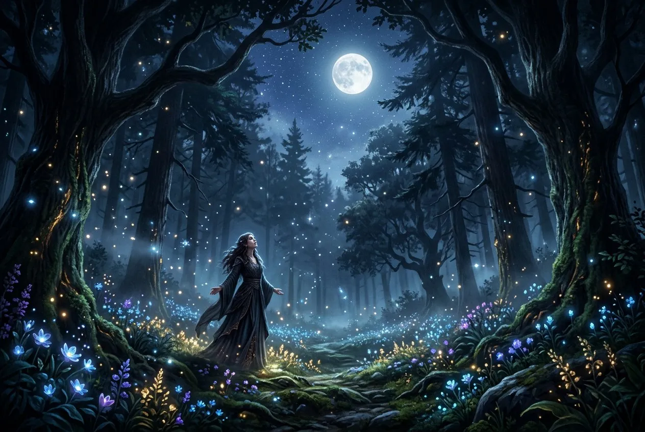 一位女性站在月光下的森林空地，周圍環繞著發光的月光花與星光，神聖而自由的氣息
