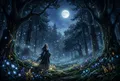 一位女性站在月光下的森林空地，周圍環繞著發光的月光花與星光，神聖而自由的氣息