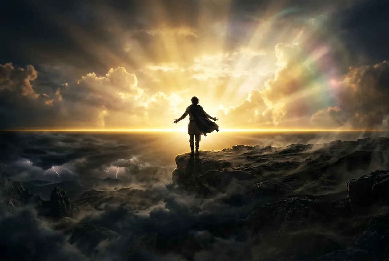 光從地平線升起,一道金色的分界線橫貫畫面,下方深暗上方明亮,一個人影站在交界處