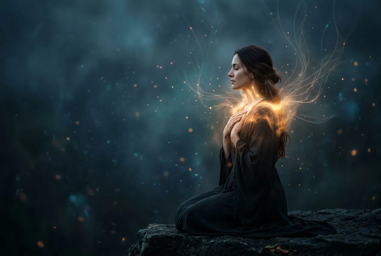 女子側影，雙手輕按胸口，琥珀金色光流從肩頸與胸腔透出，象徵被壓抑的情緒化為體內能量流動