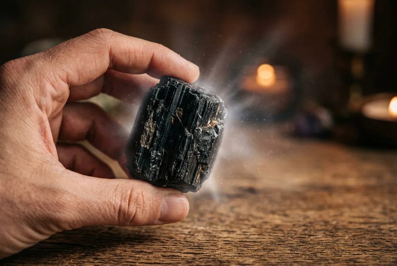 手持一塊黑色碧璽水晶,周圍有細微的白色光芒,背景是木質桌面,低角度側拍