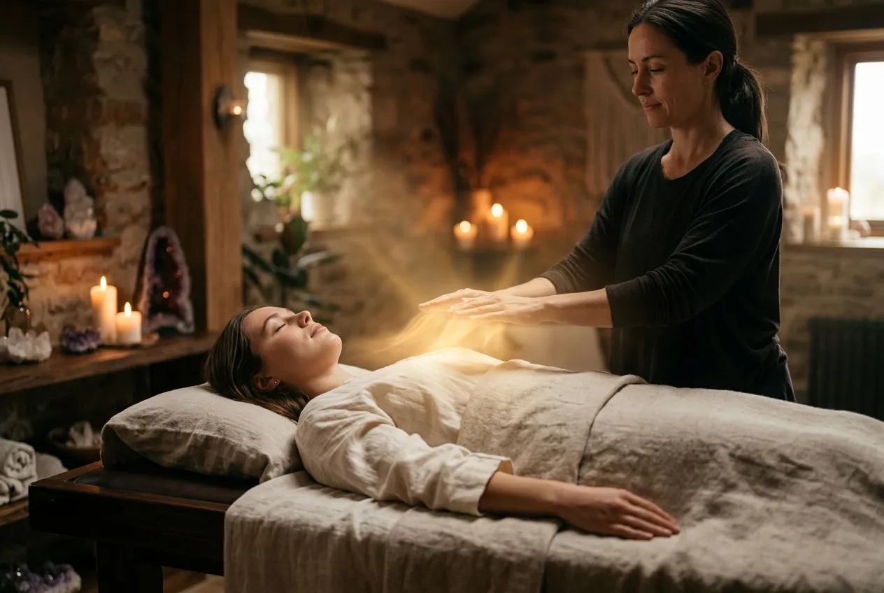 一個人仰躺在療癒桌上，治療師雙手懸浮在其胸口上方，空氣中流動著柔和金色光芒，靜謐神聖的空間