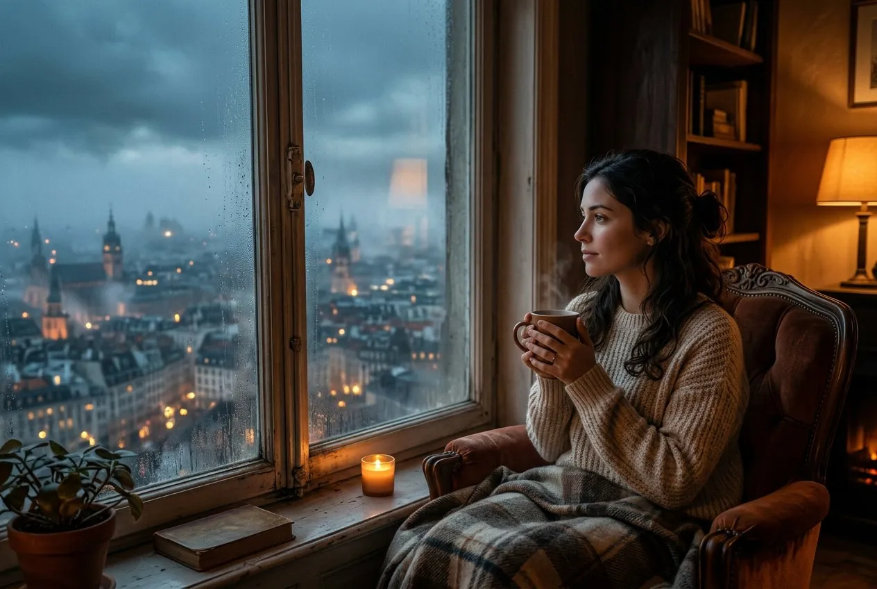 一個女人坐在窗邊，窗外是霧中的城市，她的表情平靜，手捧著一杯熱飲，室內光線溫暖柔和，從斜上方構圖俯視