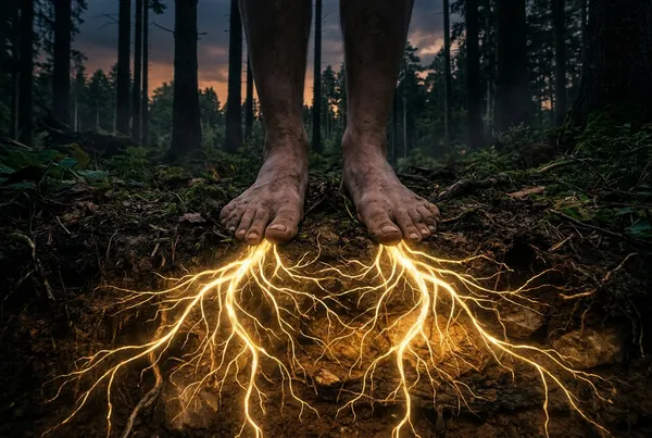 赤腳踩在深色泥土上，金色光根從腳底向下延伸入地，如樹根般分岔