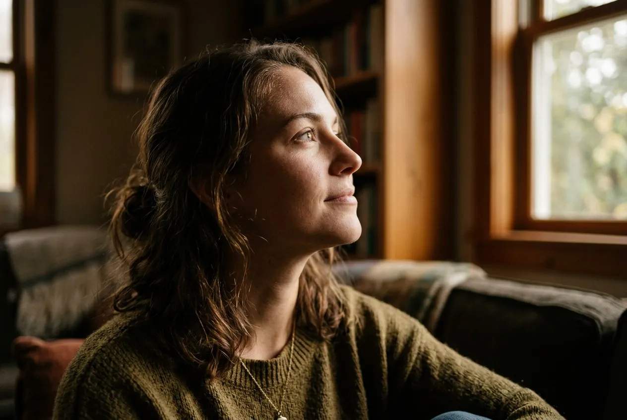 四分之三側臉人像,臉朝右前方,晨光從左側斜灑,明暗強烈對比,左半臉清晰右半臉漸入陰影