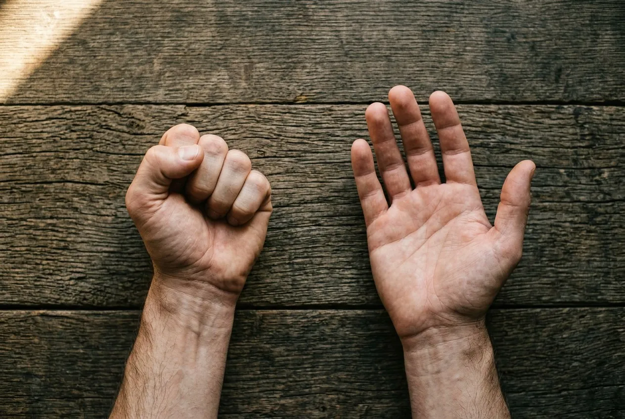 俯視視角,兩隻手並列於木桌上,左手緊握拳頭,右手放鬆掌心朝上,自然光從左上斜入