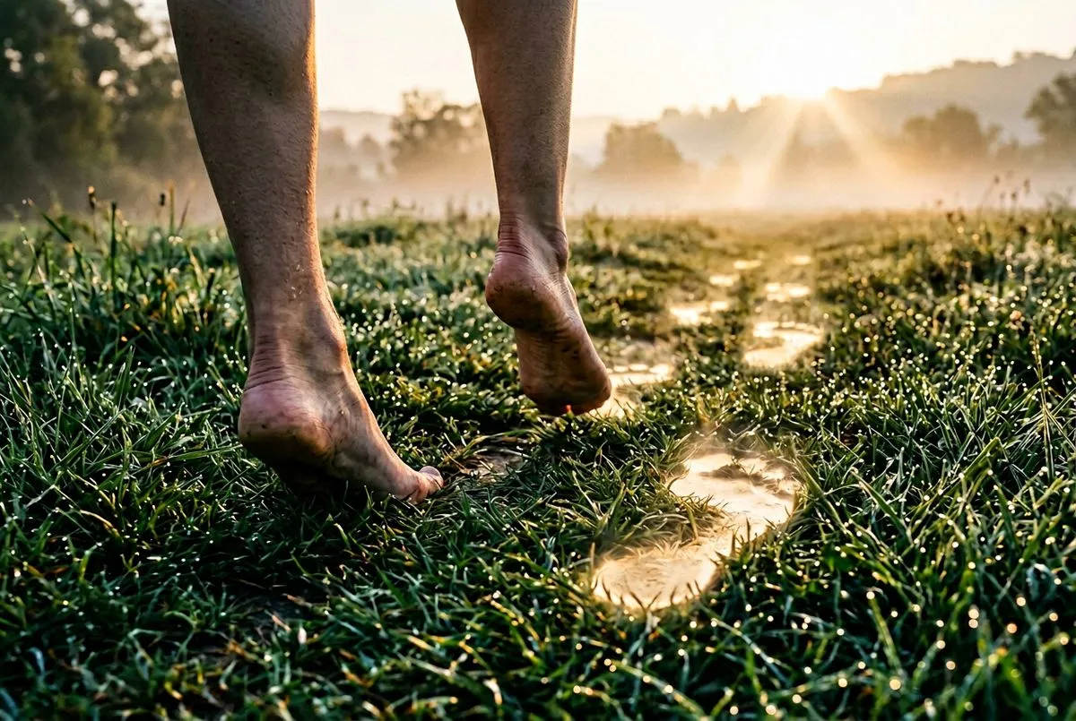 低角度特寫，赤腳緩步踏在清晨露水草地上，每步留下淡淡發光印記，晨霧與暖金色地平線光構成柔和背景