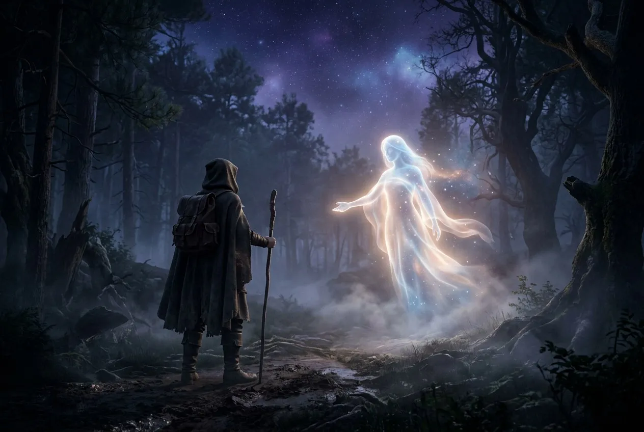 一個人站在黑暗森林邊緣，前方有發光的半透明人形守護靈引路，神秘靈性氛圍
