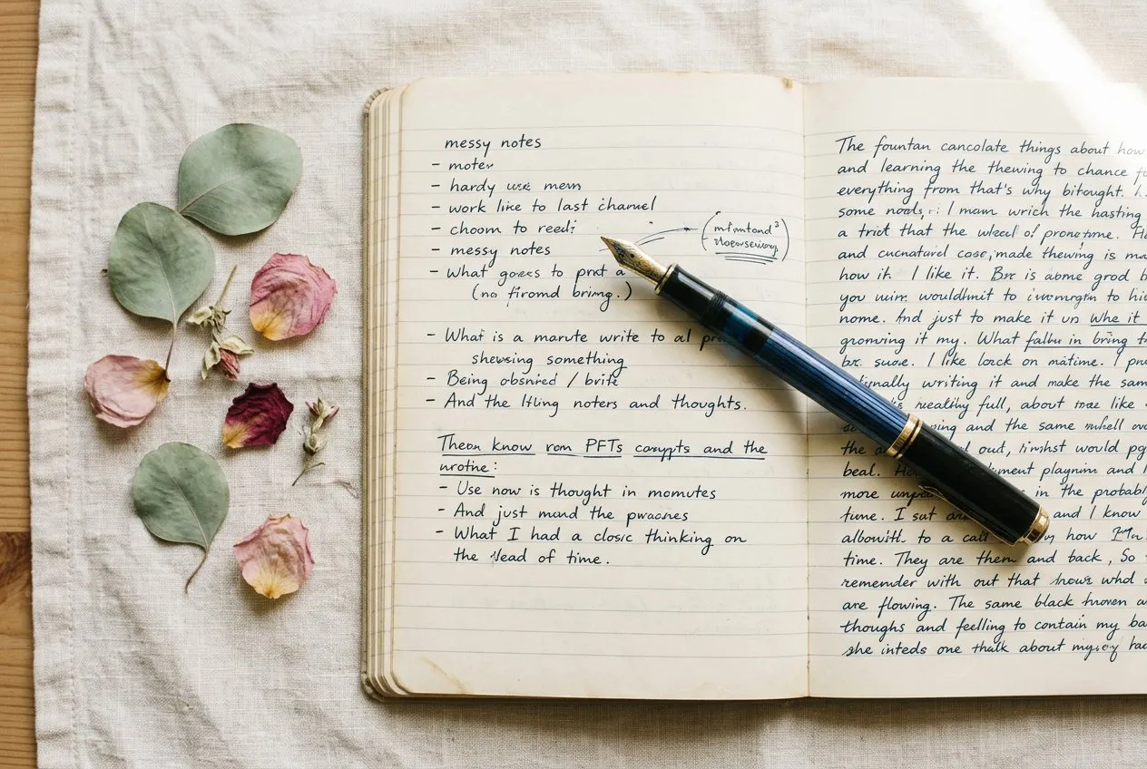 俯拍構圖,打開的筆記本佔右側三分之二,鋼筆斜放其上,左側散落幾片乾燥花瓣,柔和自然光從右上方照入