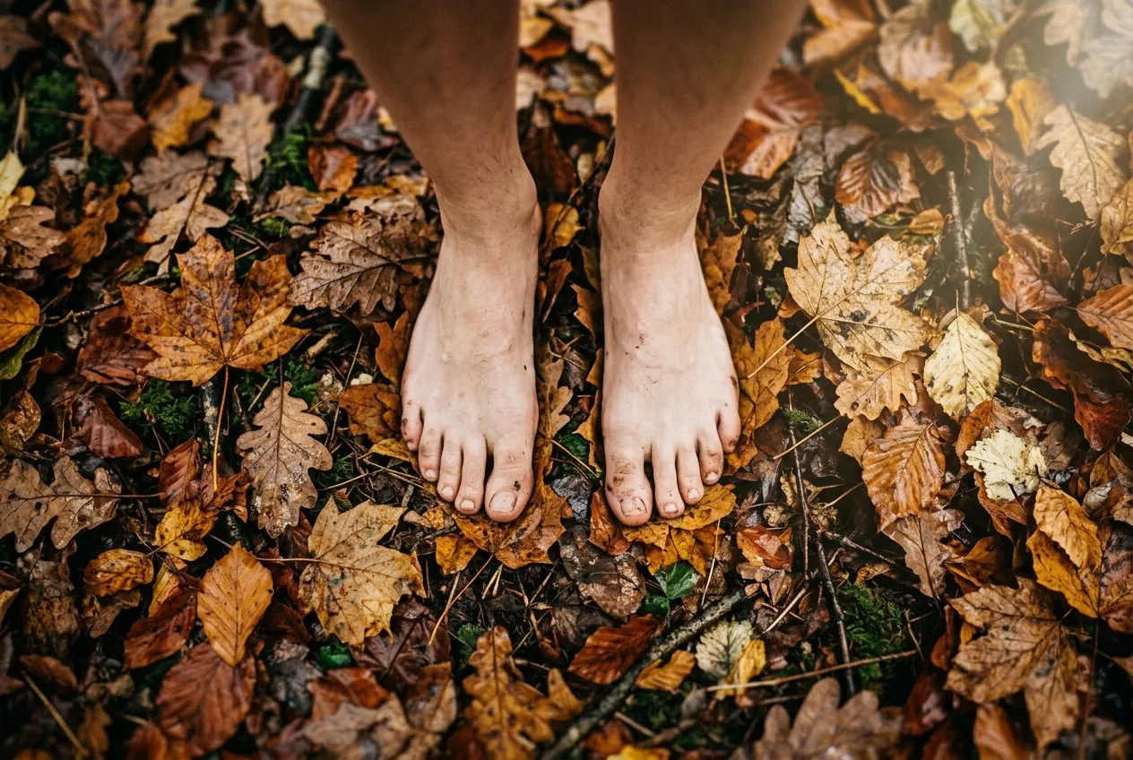 俯視角度,一雙赤腳踩在林間潮濕落葉地面,葉片佔滿畫面四分之三,右上角透出一束陽光