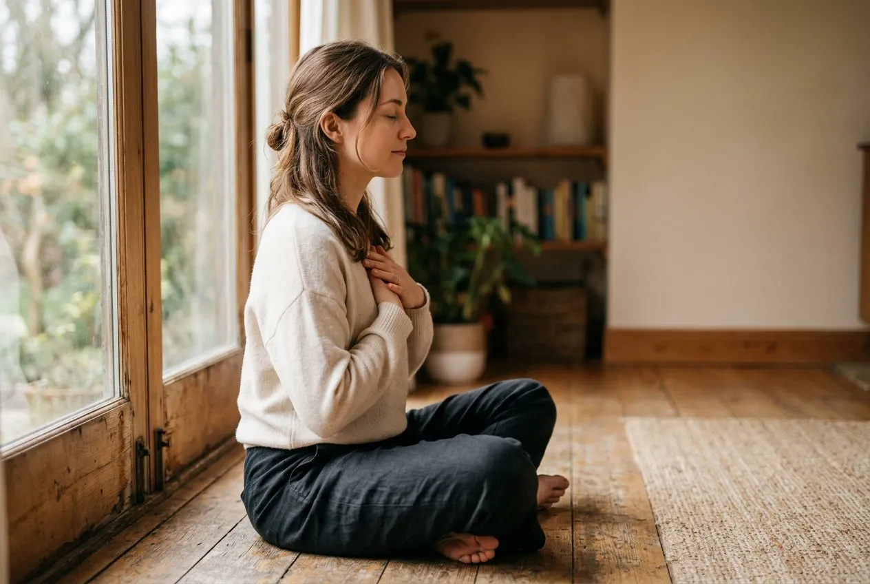 女性側坐於地板，雙手輕放胸口，眼睛閉合，窗外柔和自然光從左側灑入，身後是模糊的室內背景，人物佔畫面左三分之二