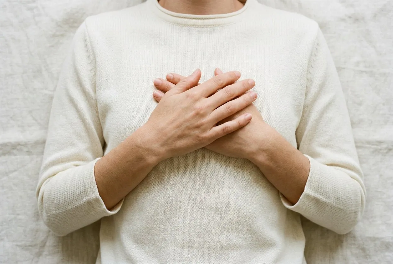 空中俯視兩隻手交疊放在胸口，身穿米白色衣物，光線柔和均勻，胸口向下的構圖，兩側留有大量空間