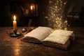 打開的日記本放在深色木桌上，手寫字化作金色光粒飄散在空中，旁邊燃著燭火