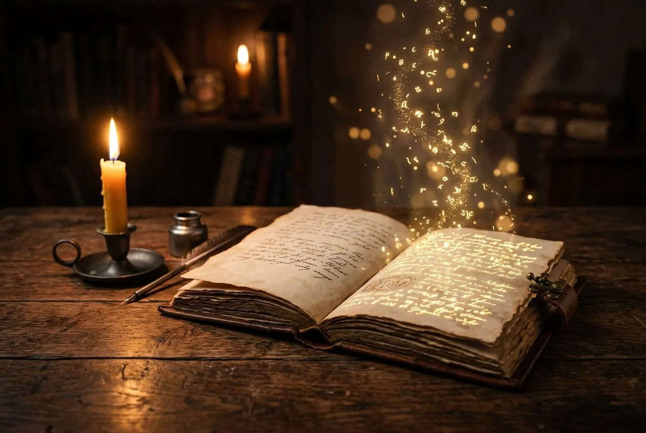 打開的日記本放在深色木桌上，手寫字化作金色光粒飄散在空中，旁邊燃著燭火