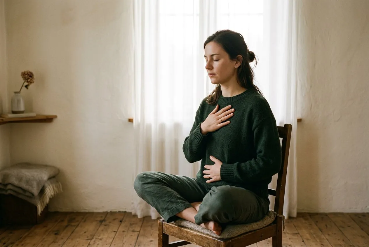 人物獨坐安靜房間，一手輕放胸口一手按腹部，眼睛閉合頭微低，窗後光線投出柔和輪廓光，人物居中略偏右，背景簡潔