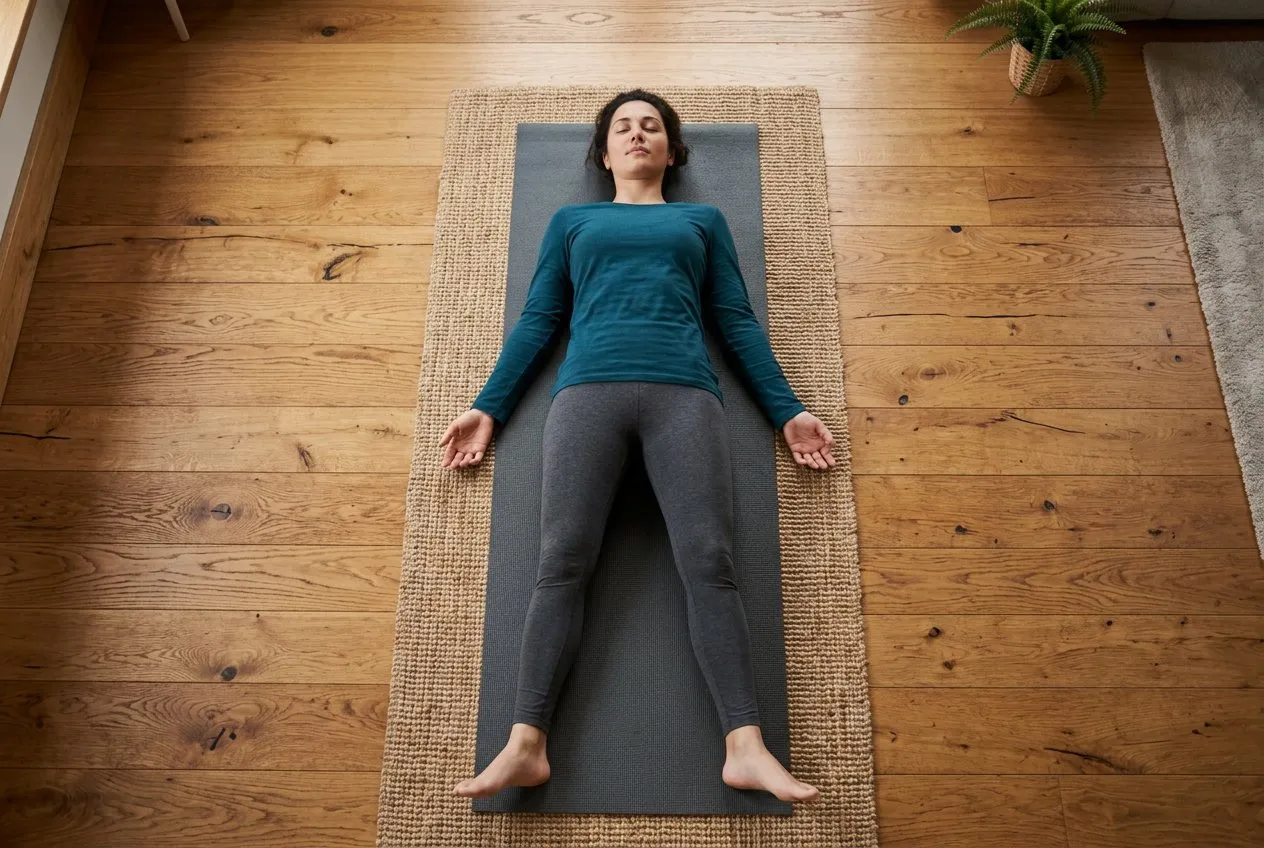 正上方俯拍躺在瑜伽墊上做身體掃描的人，雙臂微離身體掌心朝上，雙腳自然向外，墊子周圍可見溫暖木地板，人物填滿畫面中央