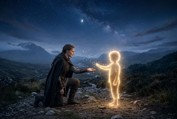一位成年人在星光下溫柔蹲下，面對一個由柔和金色光芒構成的小孩身影，兩人之間有細微光點飄動，畫面左側為成人剪影，右側為發光小孩，背景是深藍夜色與遠方山稜