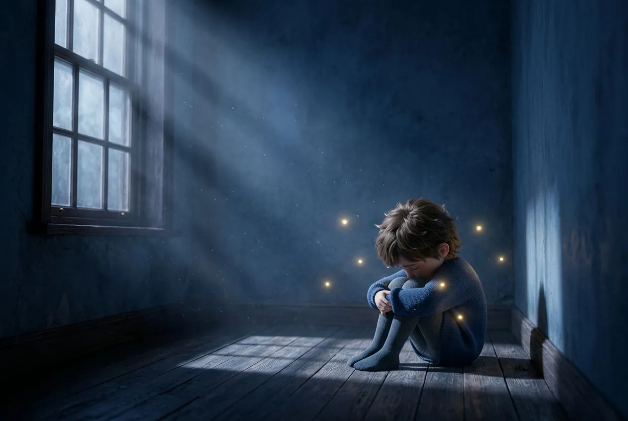 一個小女孩蜷坐在深藍色房間角落，抱膝低頭，窗外有柔和月光灑進室內，房間地面漂浮著幾顆微小金色光點，小孩位於畫面右下角，上方大片空間留給月光與光點