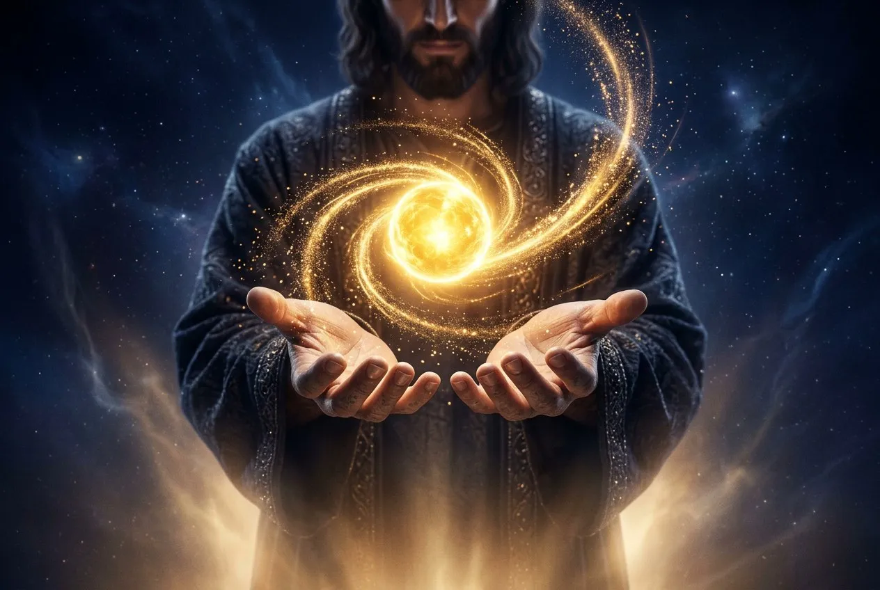 一雙手掌心向上，上方懸浮著一顆發光的金色星球，周圍有光粒子螺旋聚集