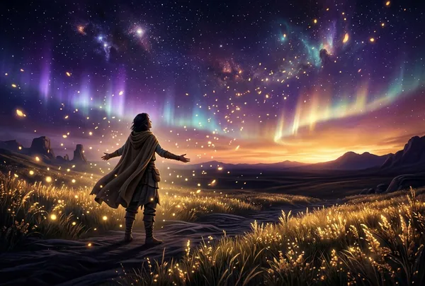 一個人站在廣闊草原中央，雙臂微微張開，面向遠方天際，天空是大片夕陽橙紅色漸層，人物剪影偏左，右側是無邊際的地平線