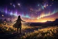 一個人站在廣闊草原中央，雙臂微微張開，面向遠方天際，天空是大片夕陽橙紅色漸層，人物剪影偏左，右側是無邊際的地平線