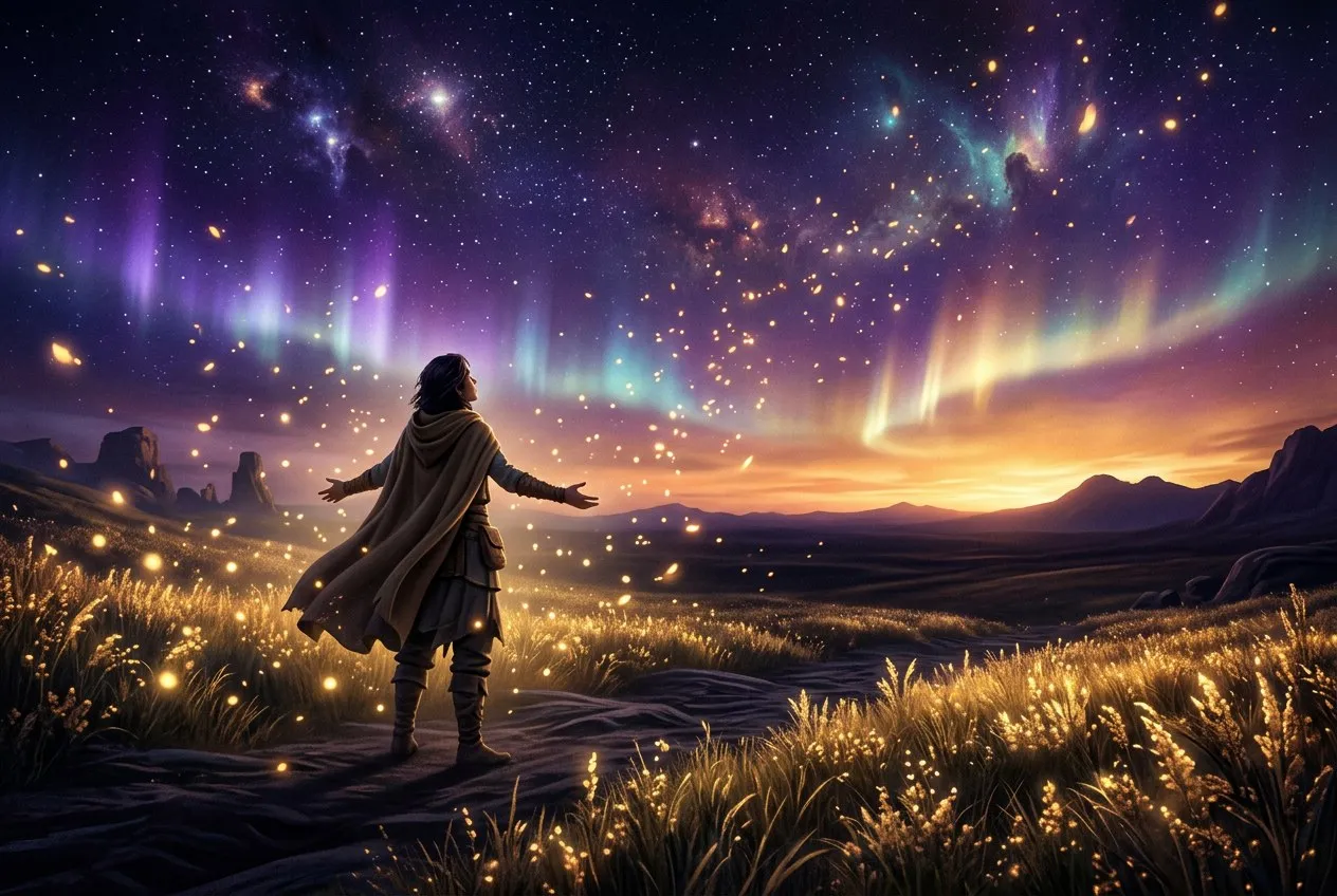 一個人站在廣闊草原中央，雙臂微微張開，面向遠方天際，天空是大片夕陽橙紅色漸層，人物剪影偏左，右側是無邊際的地平線