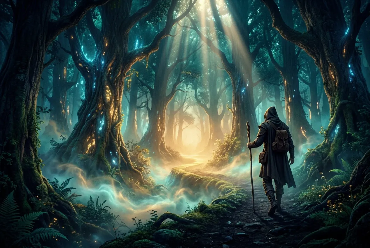 清晨薄霧中一個人獨自沿著山間小徑緩步前行，背影位於畫面右側，四周是高大松林，陽光從樹縫間穿透形成光柱，地面有淡淡霧氣