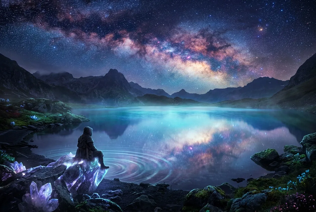 夜晚湖邊，一個人坐在岸邊的石頭上望著湖面，湖面倒映著滿天星光，四周靜謐，人物位於畫面左下角，大片星空與湖面倒影佔據畫面主體