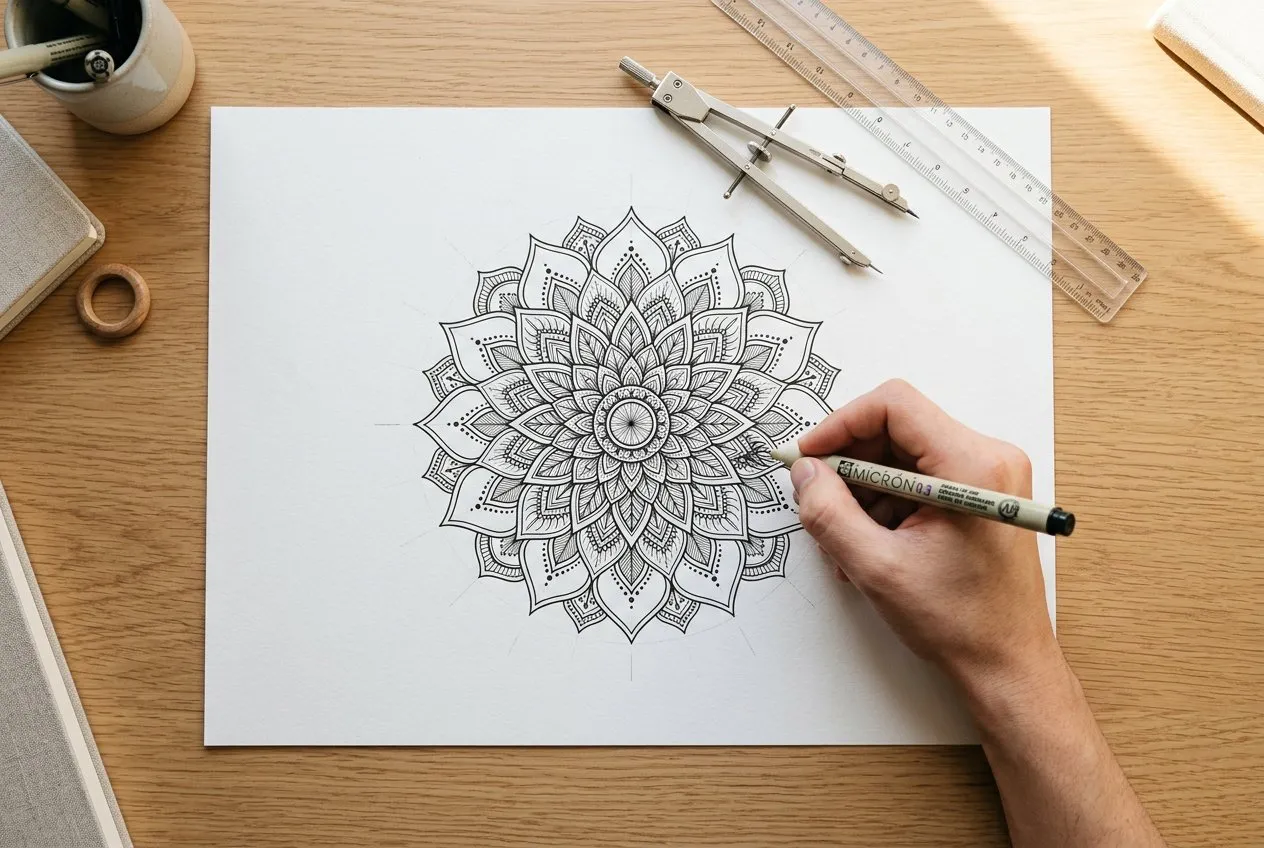 俯拍平鋪白紙上有人手正在用圓規與尺繪製曼陀羅幾何圖案,手居畫面下方偏右,圖案延伸至中上方,工具分布畫面兩側