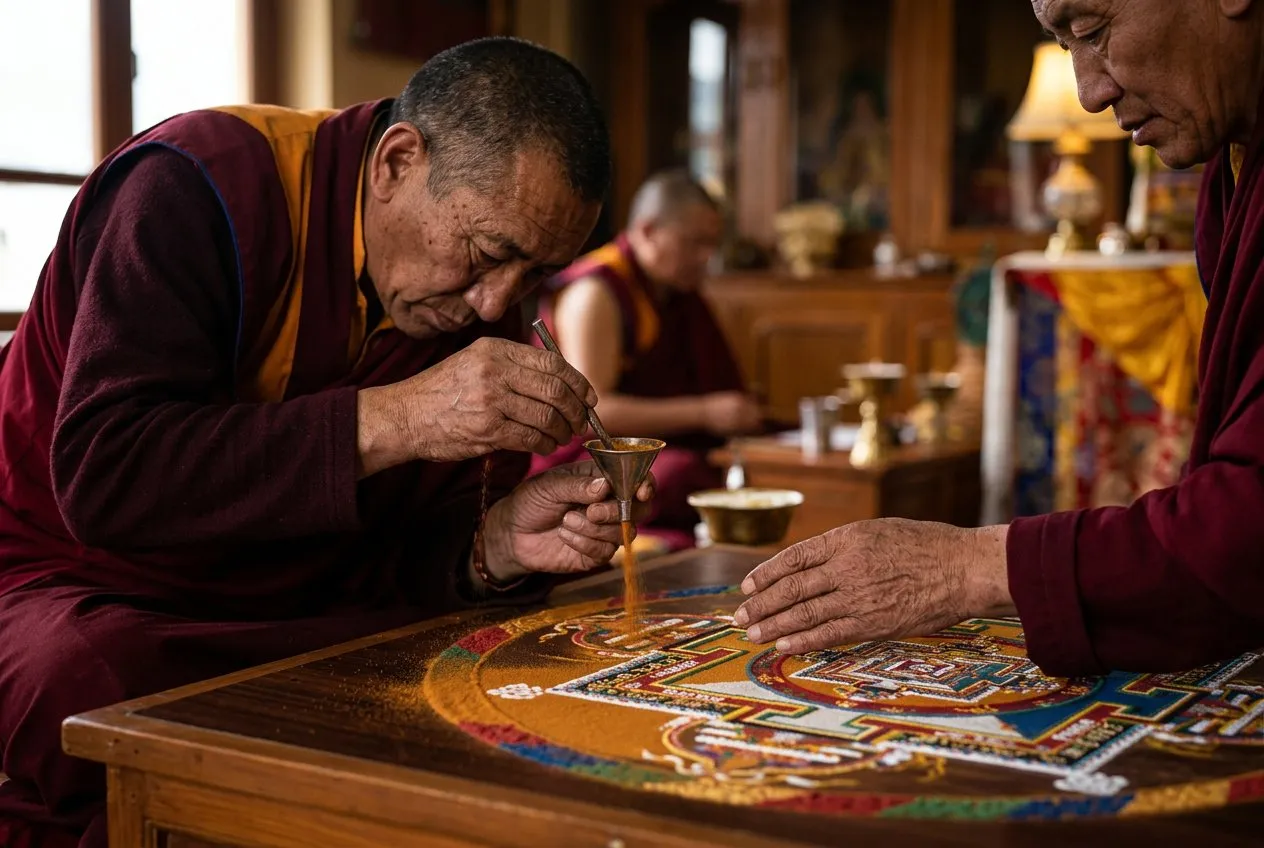 兩位西藏僧侶身穿深色袈裟俯身在沙畫曼陀羅上工作,側角度拍攝,僧侶各佔畫面左右兩側,中間是精密彩色沙畫